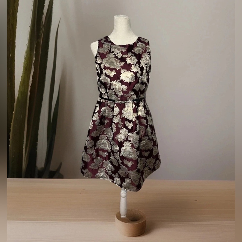 Girls Dress Sz 16 burgundy Silver jacquard Floral Rhinestone Belt Holiday Formal